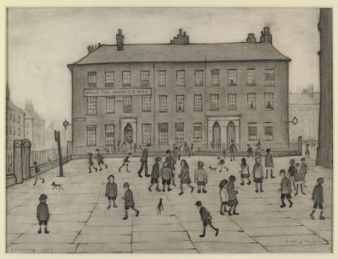 Drawing. Children and a few dogs stand and walk in a paved courtyard in front of a three-storey building identified as “Home for Working Men”.