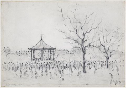 Drawing. Dark smudges under a bandstand suggest musicians. A large crowd of people, each indicated with a dot for the head and a few vertical lines or a scribble for the body, mills around the bandstand and the barren trees that cut into the blank sky. Rows of buildings line the horizon in the distance.