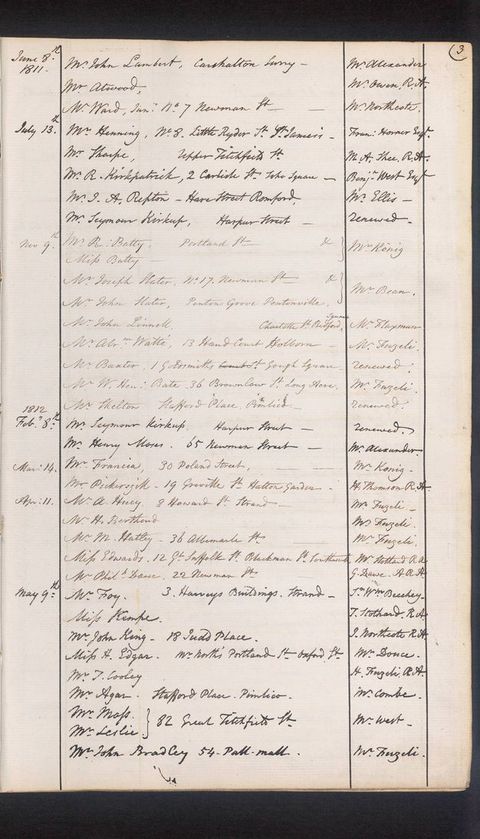 Handwritten register. Three columns capture the date, name of the visitor, and a name under a column titled “recommended by”. The date range captured here begins on “June 8th 1811” and ends “May 9th” 1812.