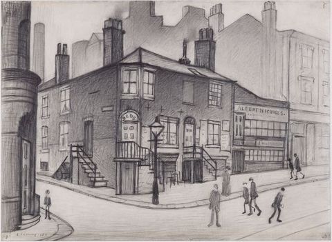 Drawing. A row of buildings moving away from us and to our right includes townhouses, a shop front under a sign reading “Albert Nicholls”, and a stately building that towers over its two-storey neighbour. Several people walk along the intersection in front of us.