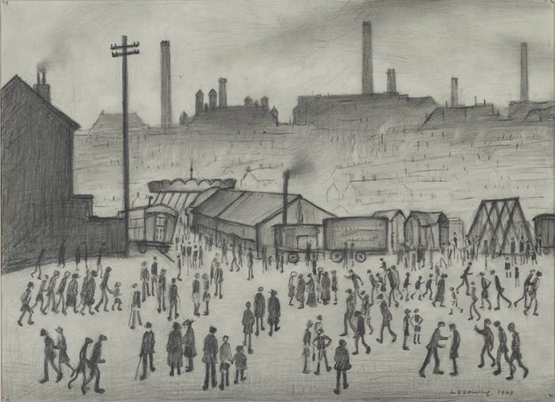 Drawing. Dozens of people rendered as dark silhouettes stride or stand in an open space in front of a row of tents and wagons. A skyline bristling with smokestacks rises above. Smudged pencil indicates smoke coming from and settling around the chimneys and smokestacks.
